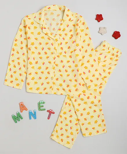 MANET 100% Cotton Full Sleeves Floral  Printed Shirt With Coordinating Pajama Night Suit Set - Yellow