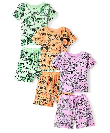 Bonfino 100% Cotton Knit Half Sleeves Night Suit Monkey Print Pack Of 3 - Lavender Green & Orange