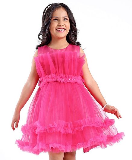 Mark & Mia Sleeveless Party Wear Frock With Solid Colour - Pink