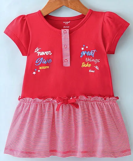 Buy Cucumber Cotton Sinker Knit Half Sleeves Frock Stripes Text Print  Red for Girls (12-18 Months) Online in India, Shop at