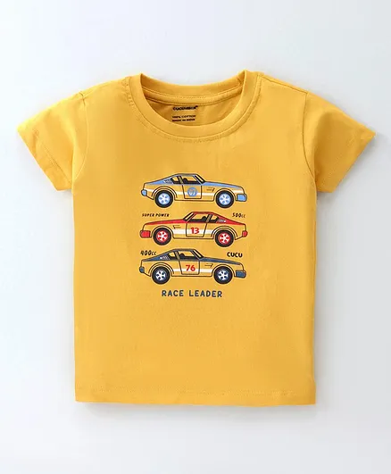 Cucumber Cotton Sinker Half Sleeves T-Shirt with Car Print - Yellow