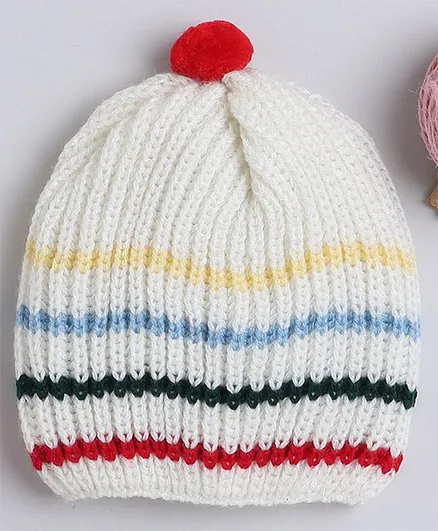 Little Angels Acrylic Striped Pattern With Pom Pom Detailed Cap - White