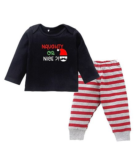 Kadam Baby Cotton Christmas Theme Full Sleeves  Naughty or Nice  Text Printed  Sweatshirt & Striped Joggers Set - Black & Red