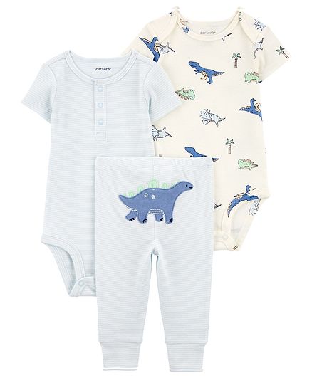 Carter's Half Sleeves Stripes & Dino Printed Onesies with Pajama Set - Blue