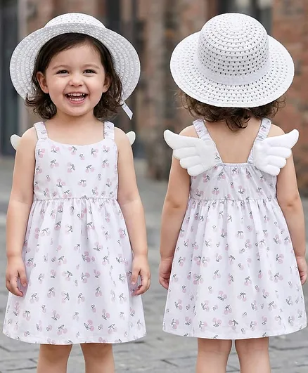 Kookie Kids Sleeveless Fruity Printed Singlet Frock with Wings Applique & Hat - White