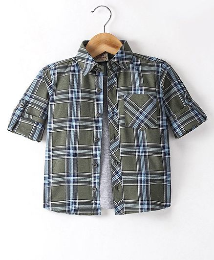 Rikidoos Full Sleeves Tartan Checked Shirt With Attached Tee - Green & Melange Grey