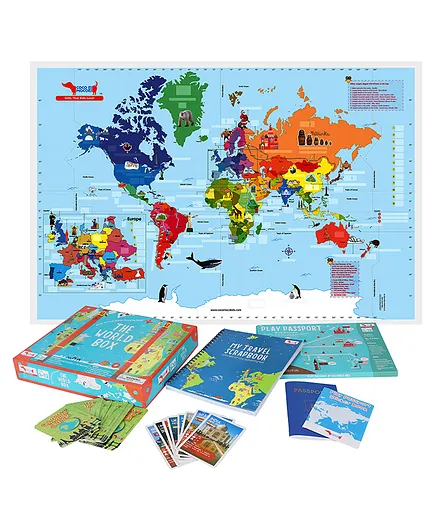 Cocomoco Kids World Box Activity Kit Learn Geography With Map Passport Country Trump Cards And Scrapbook