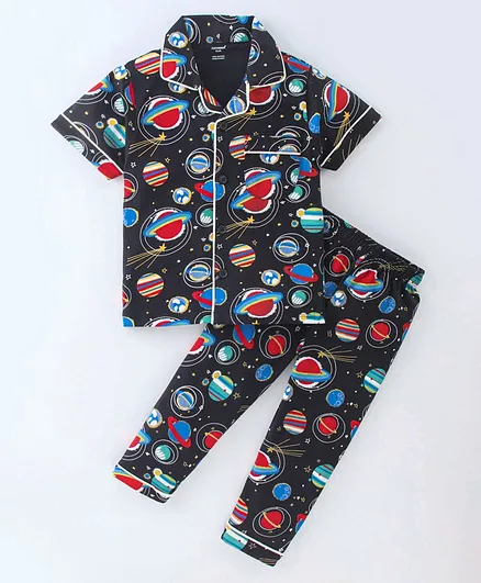 Cucumber Sinker Knit Half Sleeve Night Suit With Space Theme Print- Black
