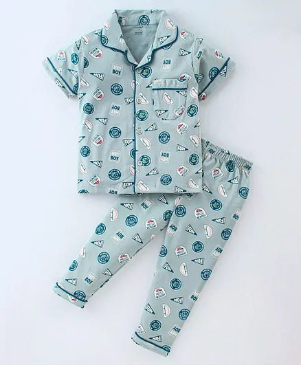 Cucumber Cotton Sinker Knit Half Sleeve Night Suit with Text Print- Blue