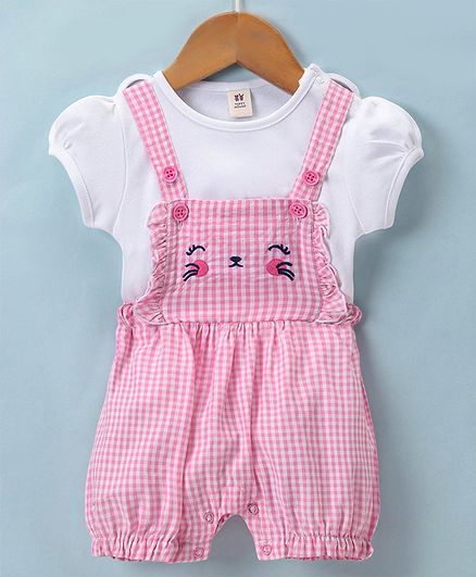 ToffyHouse Cotton Checkered Romper with Half Sleeves Inner Tee - Pink