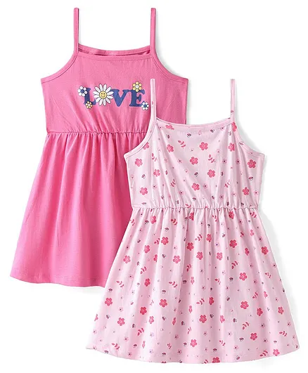 Doodle Poodle 100% Cotton Knit Sleeveless Frocks  Floral Print Pack of 2 -Pink & Fandango Pink