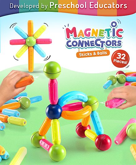 Intelliskills Premium Magnetic Building Sticks 32 Pieces Toy for Kids| 32 pcs| 1+ Years | Activity & Education Blocks Toy for Toddlers & Kids | Montessori Learning & Construction | Birthday Gift| Non-Toxic