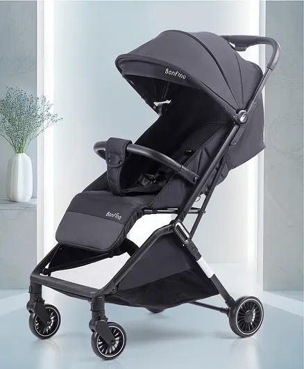 Bonfino AirLuxe Cabin Stroller Compact Tri-fold, Lightweight, Linen  Fabric, Adjustable Canopy, Safety Harness Black| Concealed Link Brake|  Self
