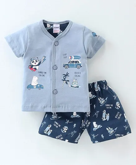 Cucumber Cotton Sinker Knit Half Sleeves Night Suit with Cars Print - Grey