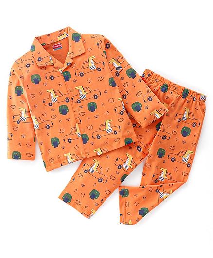 Babyhug Cotton Knit Full Sleeves Night Suit Crocodile & Car Print- Orange