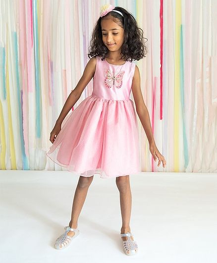 A Little Fable Sleeveless Tinsel Sequin Butterfly Embellished Fit & Flare Dress - Pink