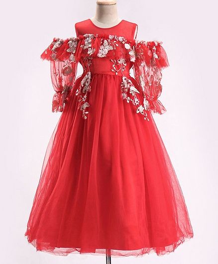 Mark & Mia Cold Shoulder Sleeves Party Frock With Floral Applique - Red