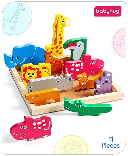 Babyhug Premium 11 Pcs Wooden Colorful Jigsaw Animal Puzzles| Montessori  Pre-School Educational and Learning Toy For 2-4 Years Kids| 11 Different