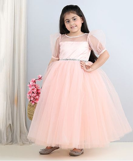 Toy Balloon Kids Half Sleeve Beads Detailed Dress - Peach