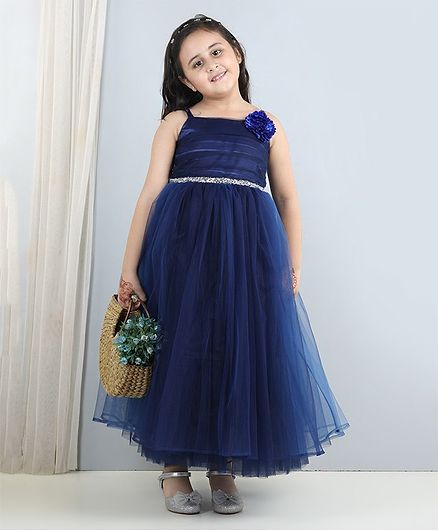 Toy Balloon Kids Sleeveless Floral Applique & Beaded Waistband Embellished Net Gown - Navy Blue