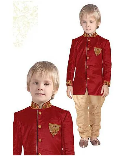 Ethnik's Neu Ron Full Sleeves Kurta & Jodhpuri Breeches Set - Maroon Beige