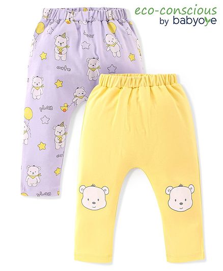 Babyoye 100% Cotton with Eco Jiva Finish Full Length Diaper Leggings Teddy Print Pack of 2 - Multicolor