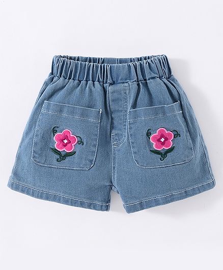 Kookie Kids Knee Length Washed Shorts Floral Embroidery - Blue