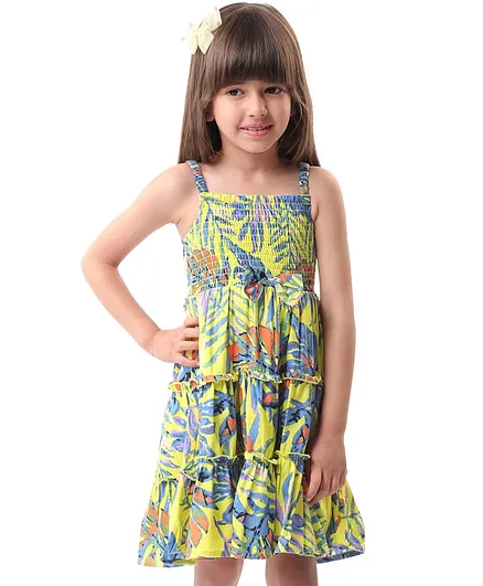 Babyhug 100% Viscose Woven Sleeveless Frock with Head Band Leaf Print -Yellow
