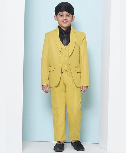 AJ Dezines Full Sleeves Solid Shirt Coordinating Waistcoat & Pant With Blazer & Tie -  Mustard Yellow