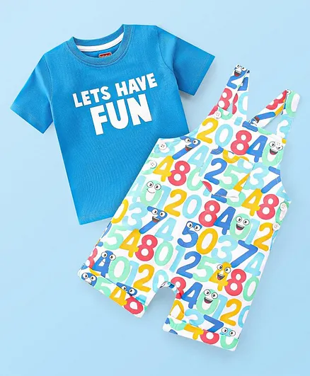 Babyhug 100% Cotton Knit Dungaree & Half Sleeves T-Shirt Set With Text & Number Print - Blue