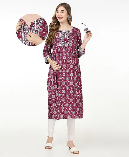 Bella Mama Woven Three Fourth Sleeves Floral Printed Yoke Maternity Kurta with Pocket - Wine