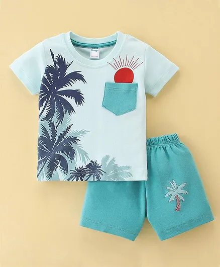 Tango Cotton Interlock Knit Half Sleeves T-Shirt & Shorts Set Palm Tree Print - Aqua Blue