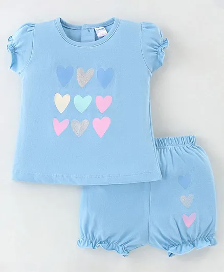 Tango Single Jersey Half Sleeves Top & Shorts With Heart Print - Blue