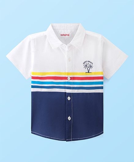 Babyhug Cotton Woven Half Sleeves Solid Color Shirt - White & Navy Blue