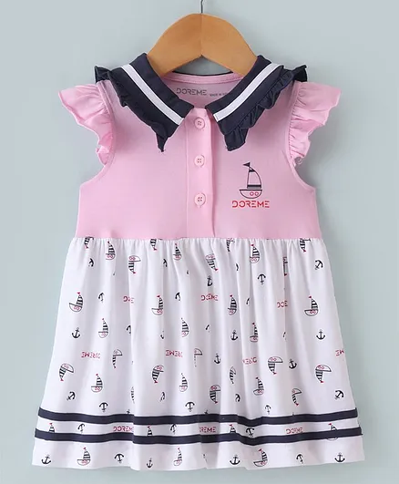 Buy Doreme Cotton Single Jersey Knit Frill Sleeves Frock Boat Anchor  Print Light Pink for Girls (18-24 Months) Online in India, Shop at