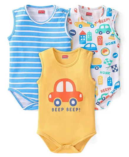Buy Babyhug 100% Cotton Sleeveless Onesies Stripes Vehicle Print Pack of  Multicolour for Boys Months) Online in India, Shop at