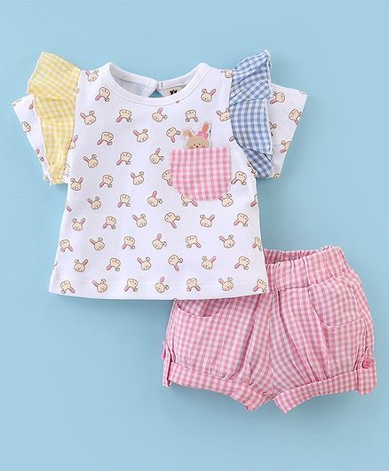 ToffyHouse 100% Cotton Knit Half Sleeves Frill Detailed Bunny Printed Top & Woven Yarn Dyed Checkered Shorts Set - Pink