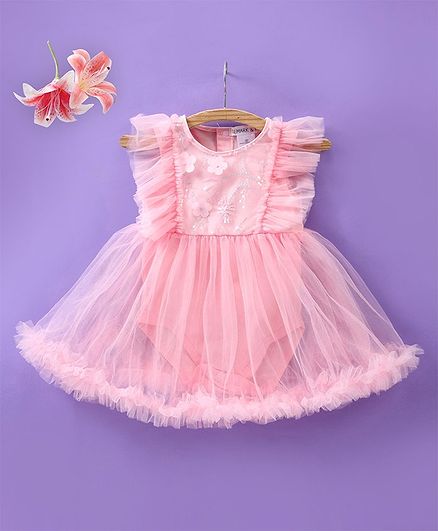 Mark & Mia Sleeveless Party Onesies with Frill Detailing & Floral Applique - Pink