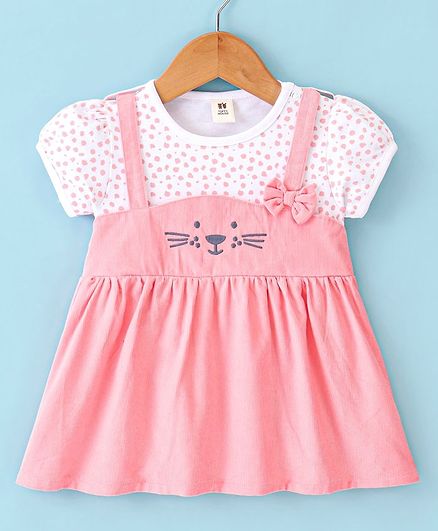 ToffyHouse Cotton Half Sleeves Frock with Bear Embroidery & Bow Applique - Coral