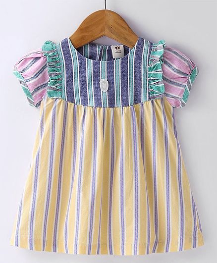 ToffyHouse 100% Woven Half Sleeves Frock with Yarn Dyed Stripes - Multicolour