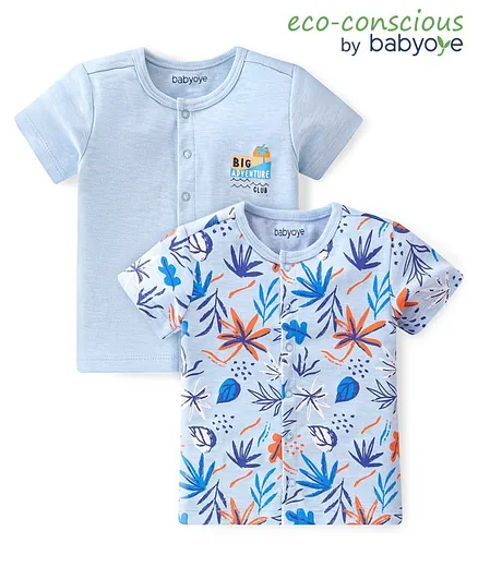 Babyoye 100% Cotton Knit With Eco Jiva Finish Half Sleeves Vests with Leaf Print Pack of 2 - Blue