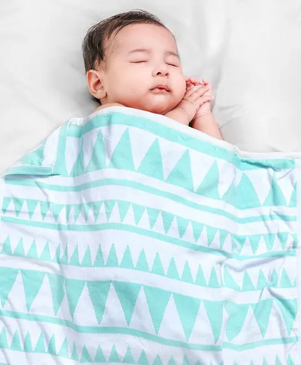 Babyhug Premium Knitted Cotton All Season Blanket Triangles - Sea Green