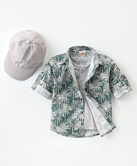 Rikidoos Full Sleeves Leaves Printed Shirt With Attach Tee With Cap - Green & Melange Grey