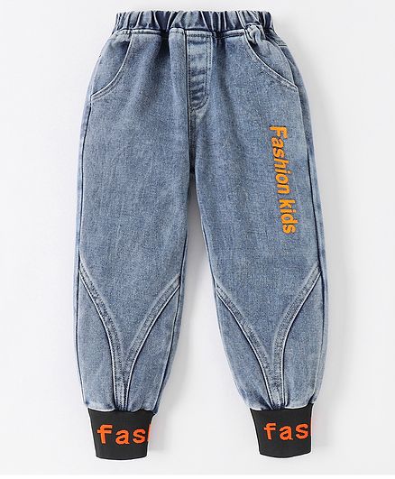 Kookie Kids Full Length Text Embroidered with Cut & Sew Pattern Denim Jeans - Blue