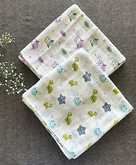 Bamboo Muslin Baby Swaddles | Set of 2 | White | Owls+Turtles