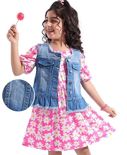 Hola Bonita knit Half Sleeves Floral Print Frock with Denim Jacket  - Blue