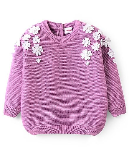 Babyhug Knitted Full Sleeves Floral Applique Pullover Sweatshirt - Pink