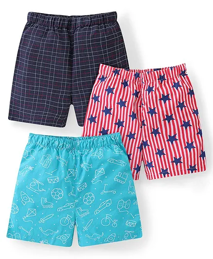 Babyhug Cotton Poplin Boxers Stripes Star & Checks Print Pack of 3 - Multicolour