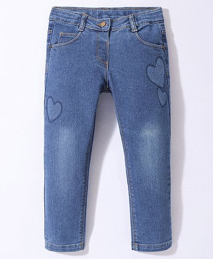 Simply Premium Denim Full Length Washed & Heart Embroidered Jeans - Mid Wash