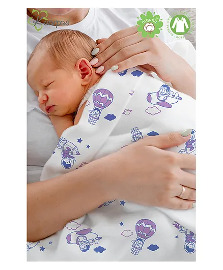 Kaarpas Premium Organic Cotton 3 Layered Muslin Blanket Parachute Print Medium - White & Purple